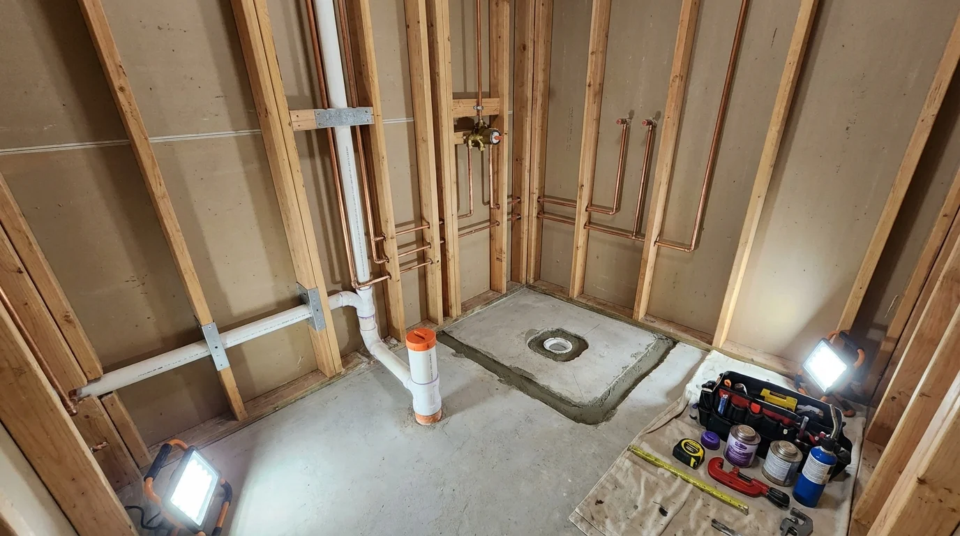 Bathroom rough-in plumbing during remodel by Johns Plumbing LLC in Drew