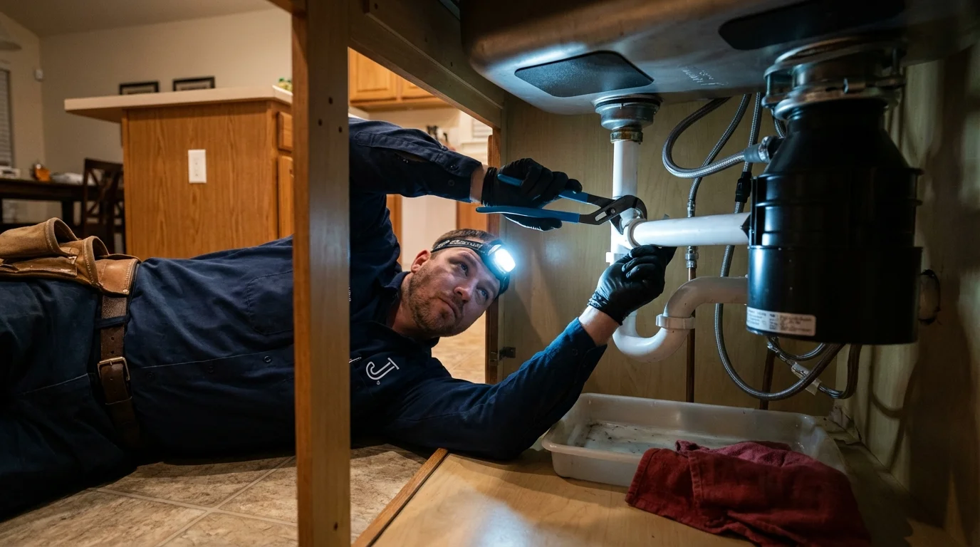 P-trap and supply line connections under a kitchen sink showing a common leak point in Drew, MS